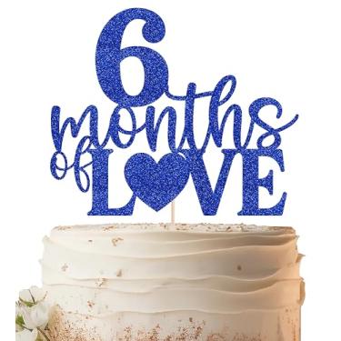 Imagem de EONNCNT Topo de bolo 6 Meses de Amor - Materiais de decoração de bolo de meio aniversário com glitter azul royal para chá de bebê, revelação de gênero ou adereços de cabine de fotos de festa de