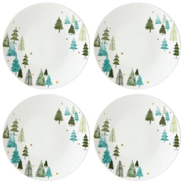 Imagem de Conjunto de Pratos Rasos Jantar Natal com 4 Peças, Formato Redondo, Material de Porcelana e Tema de Floresta, LENOX 880068, Branco e Verde