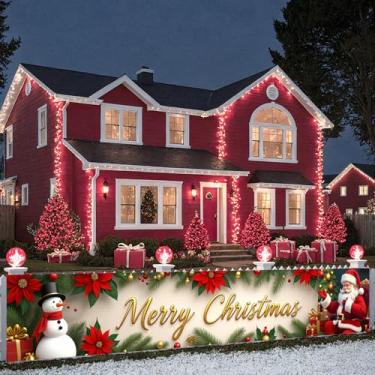 Imagem de 248 x 45 cm Faixa de Feliz Natal Vermelho e Verde Grande Faixa de Natal Papai Noel Boneco de Neve para Festa de Natal Feriado Cerca Placa de Jardim Decoração Fundo de Foto Gigante Feliz Ano Novo