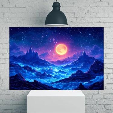 Imagem de Arte de parede em tela rústica vintage lua cheia sobre paisagem montanhosa - Pôster sem moldura de 30 x 45 cm - Decoração de casa e escritório para sala de estar, quarto, cozinha e café