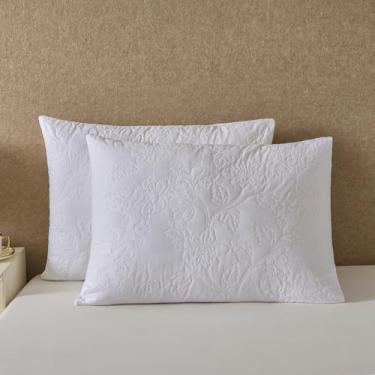 Imagem de YINFUNG Capas de travesseiro brancas acolchoadas king size conjunto de 2 fronhas florais bordadas de algodão decorativo em relevo Matelasse