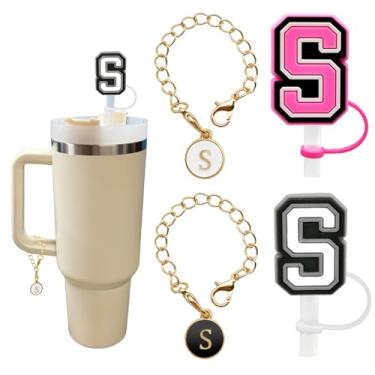 Imagem de (2+2) 2 peças de cobertura de canudo para copo Stanley 30 e 1,134 g 10 mm topo de palha com 2 peças acessórios de copo Stanley amuletos letra nome ID letra inicial alça personalizado para copo Stanley