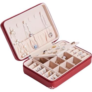 Imagem de BSNANCA Caixa de joias para mulheres caixa de joias portátil PU zíper brinco anel multifuncional com gancho de espelho organizador destacável divisor de joias organizador de joias portátil joias C (H)