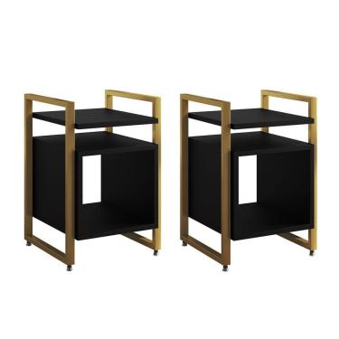 Imagem de Kit 2 Mesas De Cabeceira Industrial Marrocos Ferro Dourado E Tampo Preto
