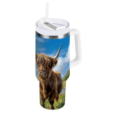 Imagem de xigua Copo Highland Cow 1,134 g com tampa e canudo, aço inoxidável de vácuo duplo isolado garrafa de água esportiva suporte para copo de café de viagem à prova de vazamento para bebida gelada