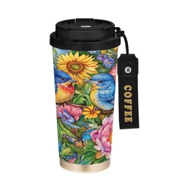 Imagem de SEHANY Caneca de café de viagem Blue Birds 482 g com tampa revestida de cerâmica e à prova de vazamento, parede dupla, isolada a vácuo, copo de aço inoxidável para bebidas quentes e frias