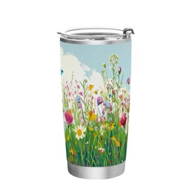 Imagem de Blueangle Copo de 590 ml com tampa e canudo, copo de café com água isolada a vácuo de aço inoxidável, caneca de viagem de flores silvestres em aquarela copo térmico para bebidas quentes e frias (959)