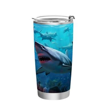 Imagem de Blueangle Copo de 590 ml com tampa e canudo, copo de café com água isolada a vácuo de aço inoxidável, caneca de viagem de grupos de tubarões, copo térmico para bebidas quentes e frias (485)