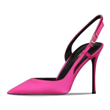 Imagem de Qunvngutui Sandália feminina sexy de bico fino com boca de flor, tira única, boca rasa, salto alto e tira no tornozelo, casual, festa, banquete, Seda rosa choque, 36