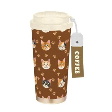 Imagem de SEHANY Caneca de viagem de gato gatinho fofo de 482 g xícaras de café reutilizáveis revestidas de cerâmica com tampa à prova de vazamento, parede dupla, isolamento a vácuo, copo de café de aço