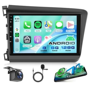 Imagem de Rádio estéreo automotivo 8 núcleos 6G + 128G Android 15 para Honda Civic 2012 2013 2014 2015, Rimoody Wireless Carplay Andorid Auto GPS 5G-WiFi 10,1'' Touchscreen DSP Bluetooth 5.0 FM/RDS SWC Câmera