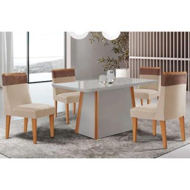 Imagem de Sala Jantar Mesa Tilia Tampo c/ Vidro Curvo 120cm+4 Cadeiras Jaspe Naturale/Off White - Suede Creme - Rufato