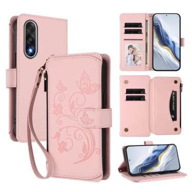 Imagem de Capa carteira para OnePlus Ace 5 Ultra com porta-cartões, bolso com zíper e alça longa - capa fólio de couro com fecho magnético, suporte, capa feminina anti-impressão digital (rosa)