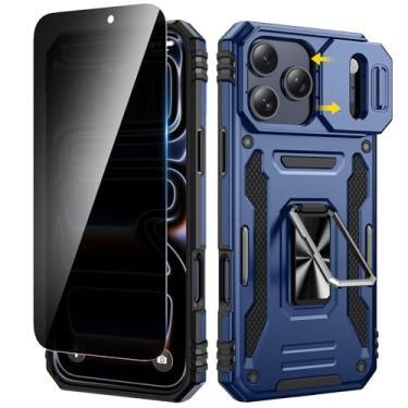 Imagem de VEGO Capa para iPhone 17 Pro com suporte, capa de câmera deslizante e protetor de tela de vidro temperado de privacidade e suporte de anel capa de proteção resistente de grau militar para iPhone 17