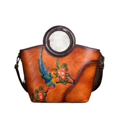 Imagem de Transversal Bolsa balde feminina de couro de grão superior – Bolsa portátil e crossbody pintada à mão em relevo retrô(Orange color)