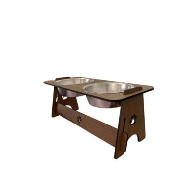 Imagem de Comedouro Pet Duplo MDF Pintado com 2 Tigelas Aluminio 300ml | Suporte Elevado Cães e Gatos Imbuia
