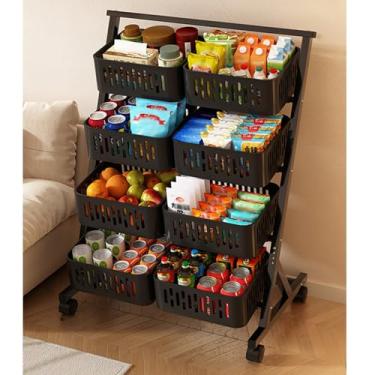 Imagem de Rack de exibição de lanche de 3 4 níveis com rodas, organizador de armazenamento carrinho de prateleira de metal para alimentos frutas vegetais, suporte de concessão portátil de home theater (cor