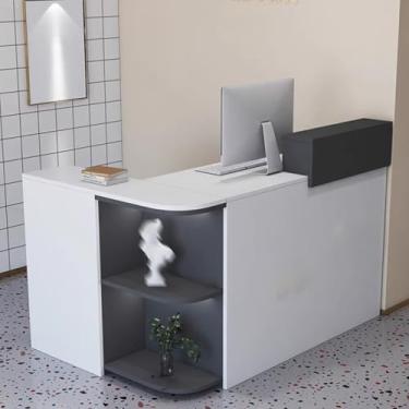 Imagem de Mesa de recepção com grande armazenamento, balcão frontal em forma de L para salão ou escritório, balcão de caixa com design elegante, mesa de recepção para sala de recepção em cinza escuro (L), 140