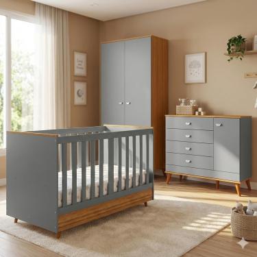 Imagem de Conjunto Quarto Infantil Ternura Bartira + Herval – Cômoda 5 Gavetas Berço 2 em 1 Guarda-Roupa 2 Portas Colchão Espuma D18