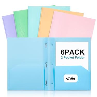 Imagem de ViVin Pasta de plástico resistente com bolsos, pacote com 6, pastas resistentes de dois bolsos com 3 pinos, comporta papel tamanho carta, pastas de arquivo com slot para cartão de visita para escola