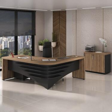 Imagem de Mesa Diretor para Escritório em Tamburato Lado Esquerdo com Balcão 2 Portas e Gaveteiro 3 Gavetas Nogal / Preto