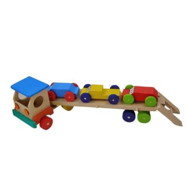 Imagem de Brinquedo Madeira Carreta Cegonha Colorido Artesanal Lúdico - Parcinha