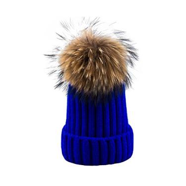 Imagem de Jueshanzj Gorro feminino masculino de tricô com pompom, Royal Blue, tamanho �nico