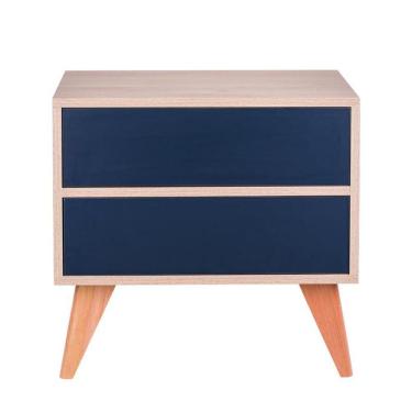 Imagem de Mesa de Cabeceira Retrô com Portas Bréscia Carvalho e Azul Marinho