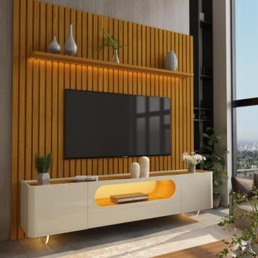 Imagem de Rack com Painel para TV de Até 85 Polegadas 2 Portas 1 Gaveta LED Com Pés de Vidro Nobre Gelius - Naturale/Off White/Naturale