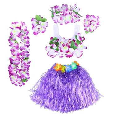 Imagem de ACHVAC Guirlanda de Natal artificial 6 peças Havaí tropical hula grama dança saia crianças flores leis pulseiras tiara colar sutiã conjunto fantasia de festa havaiana (cor: roxo)