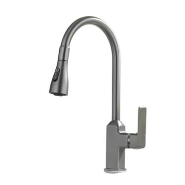 Imagem de Torneira da cozinha arma cinza pull out deck montado 360 rotação misturador de bronze água quente e fria pia lavagem navio 3 modo pulverizador torneira, cinza