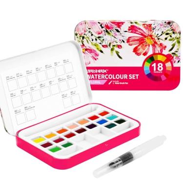 Imagem de AUREUO Conjunto de tinta aquarela de viagem - 18 cores florais de água meia panela caixa de lata portátil, kit de pintura em aquarela com bolso pequeno para esboços para adultos, iniciantes e artistas