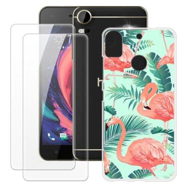 Imagem de MILEGOO Capa para HTC Desire 10 Pro + 2 peças protetoras de tela de vidro temperado, capa de TPU de silicone macio à prova de choque para HTC Desire 10 Pro (5,5 polegadas) Flamingo