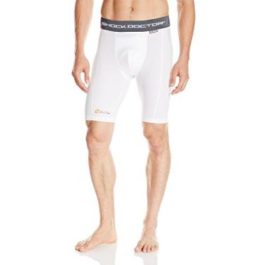 Imagem de Shock Doctor Shorts de compressão com bolso para copo. Roupa íntima de suporte atlético com bolso (copo não incluído) branco para jovens e adultos