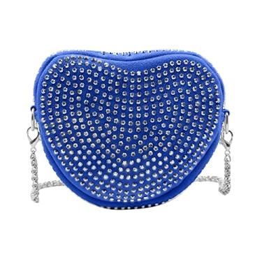 Imagem de RARITYUS Linda bolsa tiracolo em forma de coração com strass brilhante para mulheres e meninas, bolsa de ombro com alça de corrente, Azul, One Size