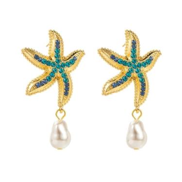 Imagem de Brincos femininos com pingente de estrela do mar, strass, fax, pérola, oceano, praia, férias, bijuteria, moda, Large, Zircônia cúbica, Sem pedra preciosa
