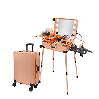 Imagem de Tense Edano Adulto Unissex Carrinho de Alumínio Extra Grande Estojo de Trem de Maquiagem com Luzes Led Embutidas Estúdio Organizador de Cosméticos Profissional com Alto-Falante e Suporte Estação de Maquiagem Iluminada com Rodinhas (Ouro Rosa)