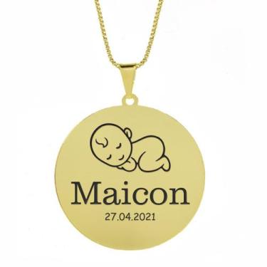 Imagem de Gargantilha Pingente Redondo Personalizado Nome Maicon Banhado Ouro 18