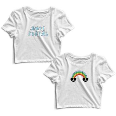 Imagem de Kit 2 Blusas Cropped Tshirt Feminina Anti Social e Arco-íris Caveira -