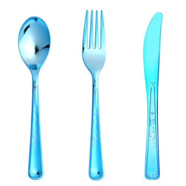 Imagem de Pacote com 180 talheres descartáveis de plástico azul escuro contém 60 garfos, 60 colheres, 60 facas, conjunto de talheres de plástico sólido e durável, perfeito para festas, casamentos.