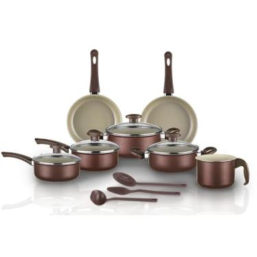 Imagem de Jogo de Panelas 10 Peças Teflon Antiaderente Tampa De Vidro Alças Térmicas e Utensílios (Cappuccino)