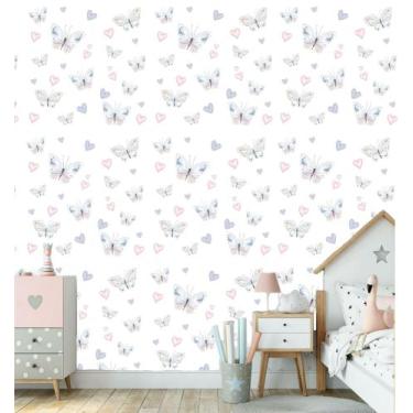 Imagem de Papel De Parede Adesivo Lavável Borboletas E Corações Quarto Menina - 