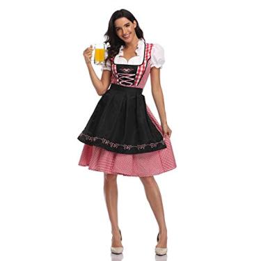 Imagem de Vestido feminino xadrez Dirndl Oktoberfest xadrez festival de cerveja alemão Cosplay Baviera vestido chique de Halloween, Preto, Medium