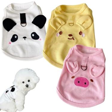 Imagem de POPONA Conjunto de 3 camisetas para cães com anel em D – Roupas macias e respiráveis para cães pequenos, médios e grandes, porco rosa, urso amarelo e estampa de panda, regata sem mangas para animais