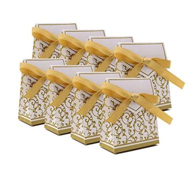Imagem de KUPOO 50 caixas de doces, caixa de lembrancinha de casamento com fita dourada, caixa de bolo, para decoração de festa de casamento, Páscoa, Dourado