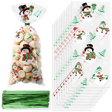 Imagem de 100 peças de sacos de celofane de Natal sacos de presente de boneco de neve sacos de presente transparentes de Natal sacos de violoncelo de natal sacos de biscoito com laços sacos de plástico para doces de Natal de férias de inverno