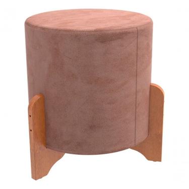 Imagem de Puff Redondo Rosé Em Linho Pé De Madeira Luxo Thor Decoração Rosa