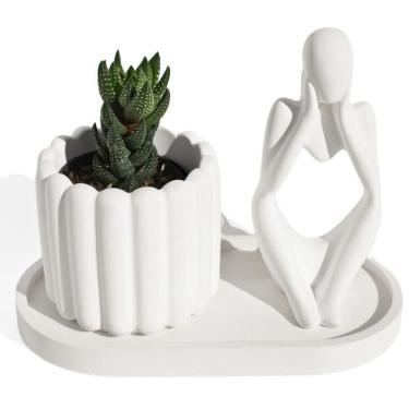 Imagem de Conjunto Decorativo 3 Peças Estátua Pensadora Vaso Tulipa E Bandeja Branco