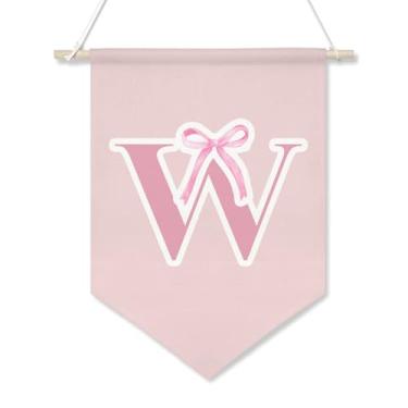 Imagem de Faixa de parede de lona com inicial ersonalized – Bandeira pendurada com laço rosa para meninas adolescentes, decoração de quarto estética Coquette, presentes fofos com monograma para quarto de