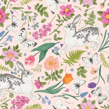 Imagem de VEELIKE Papel de parede de coelho rosa Coney Peel and Stick Chasing Bunny Papel de parede floral para berçário quarto de crianças 48 x 38 cm, papel de parede botânico removível, papel de contato rosa